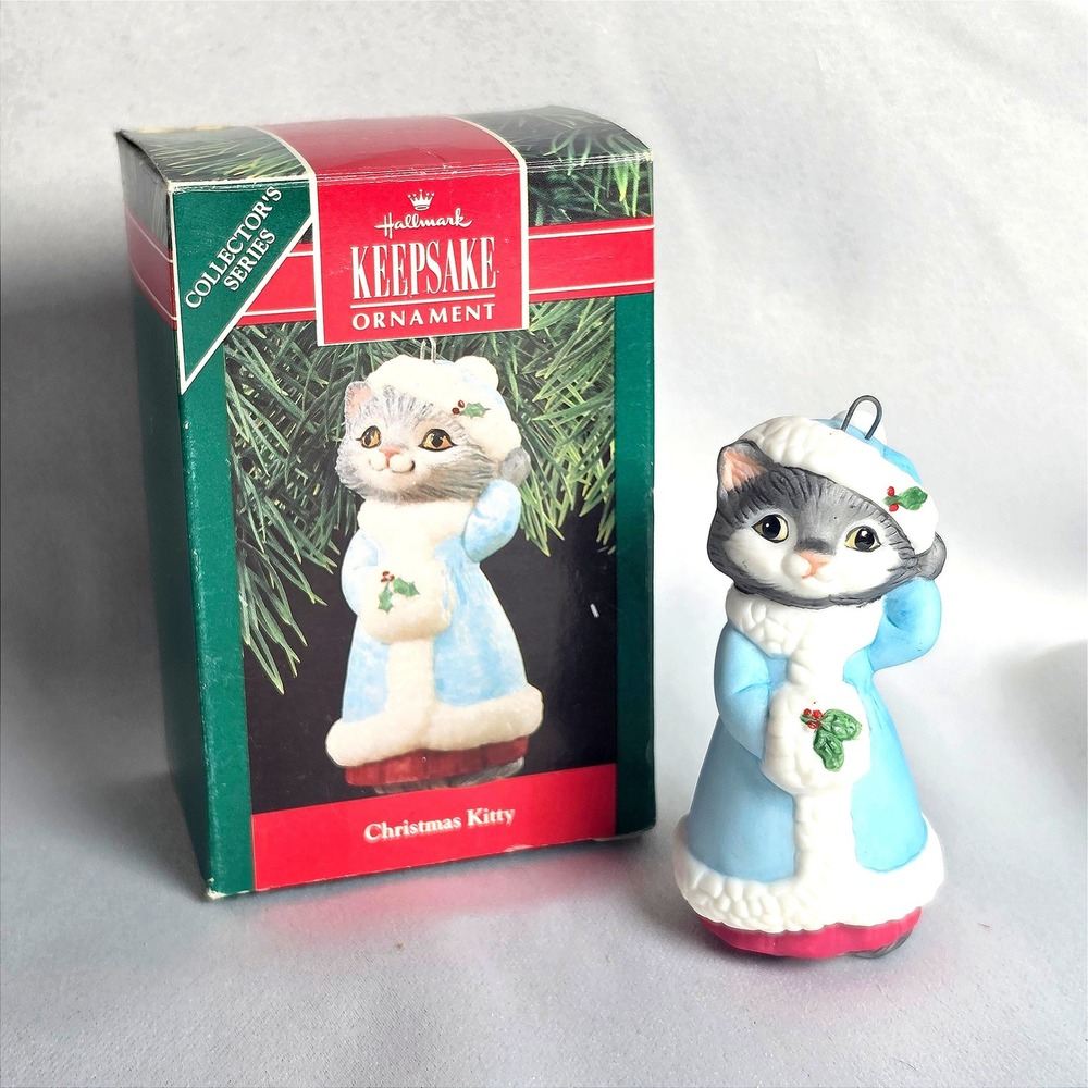Hallmark Keepsake Christmas Kitty Ornament Vintage Cat in Blue Coat with Box